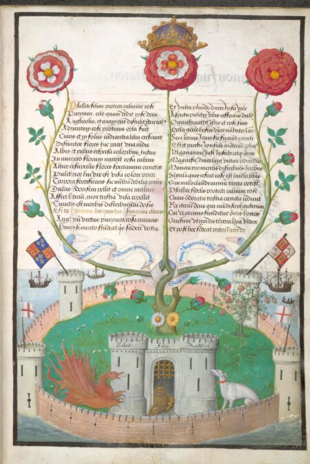 R5GFDP Verses with Tudor symbols. Motets. Flanders (Bruges?); circa 1516. (Whole folio) Elegiac couplets in honour of King Henry VIII celebrating the union of the Houses of York and Lancaster. The illumination shows a walled castle enclosing a rose tree and surrounded by sea. It incorporates symbols used by the early Tudors, including a dragon, lion, greyhound, pomegranate bush, daisy and marigold. Image taken from Motets. Originally published/produced in Flanders (Bruges?); circa 1516. . Source: Royal 11 E. XI, f.2. Language: Latin.